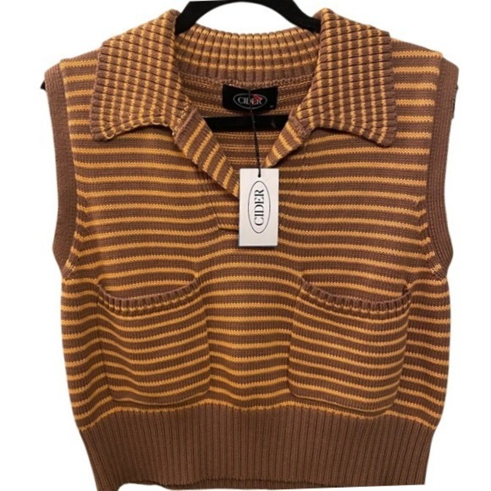 Cider Striped‎ Knit Sweater Vest Brown Yellow Cotton Collar Pockets Mens Medium